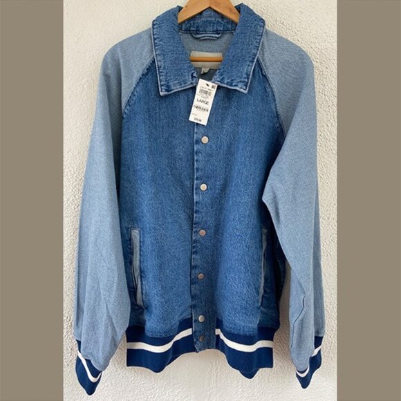 NWT, Men's Coastal Colorblocked Denim Varsity Jacket - Picture 1 of 3